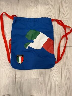 Puma Blue Drawstring Backpack with Red Straps and Italian Flag Graphic